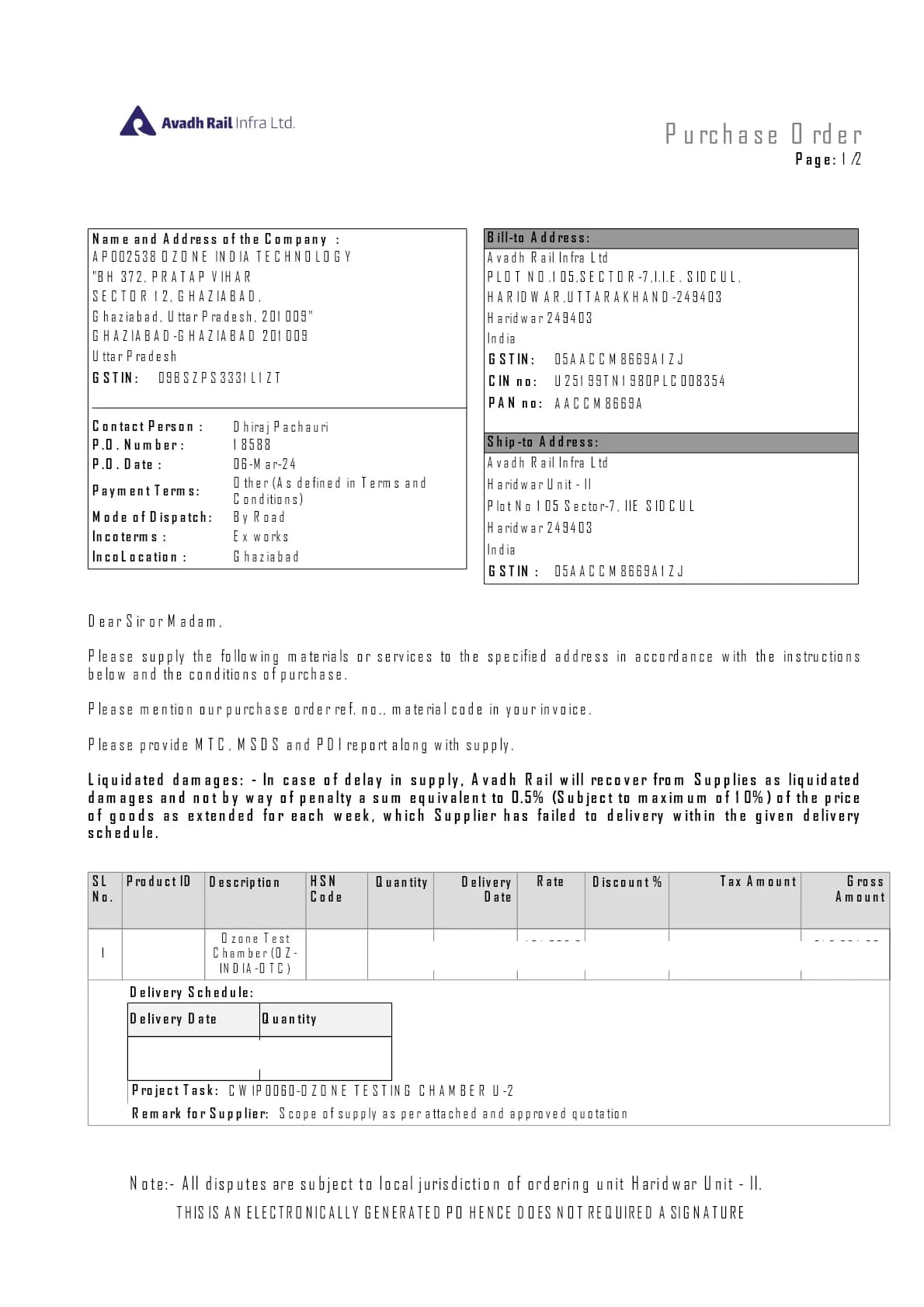 Purchase order from Avadh Rail Infra Ltd