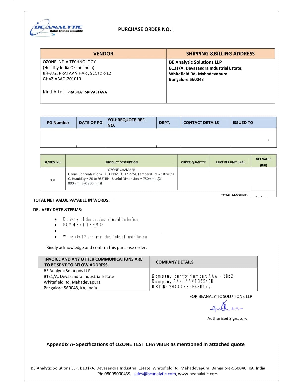 Purchase order from Be Analytic Solutions Llp