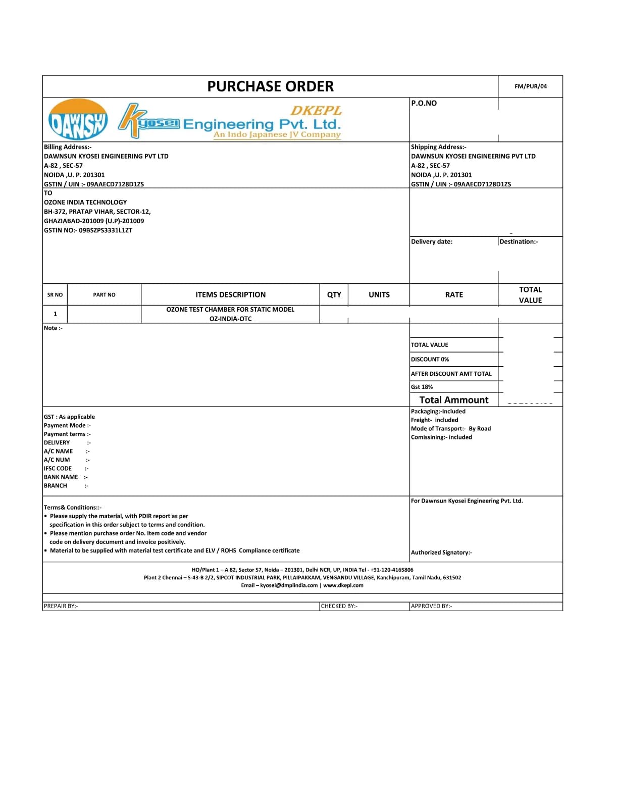 Purchase order from Dawnsun Kyosei Engineering