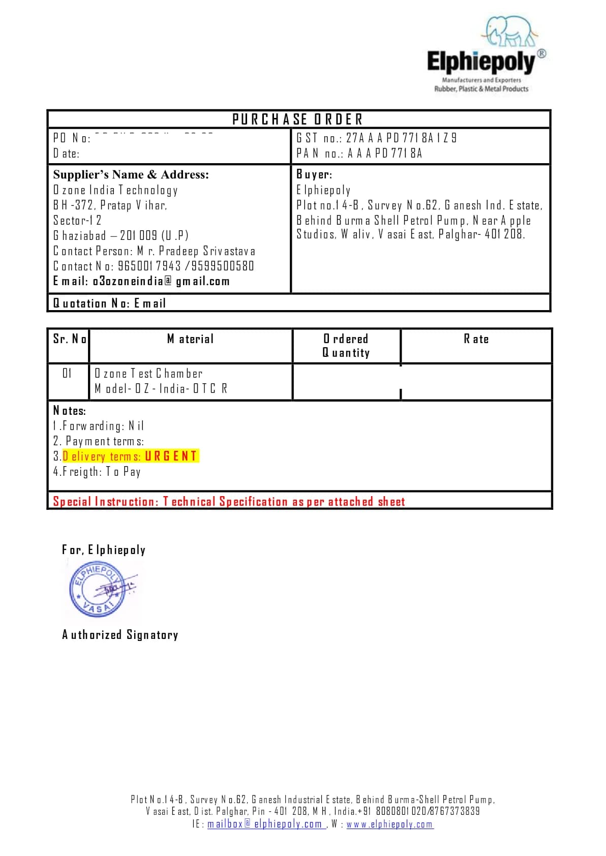 Purchase order from Elphiepoly