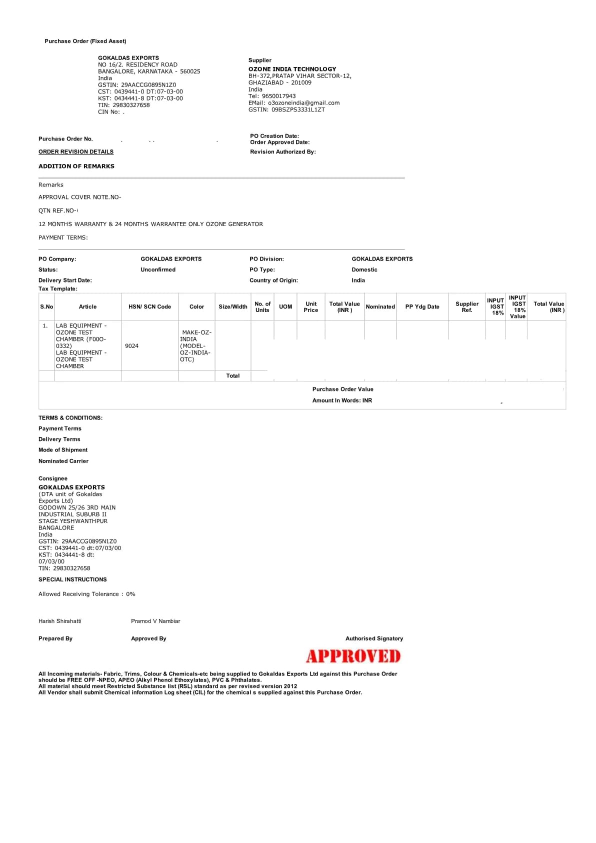 Purchase order from Gokaldas Exports