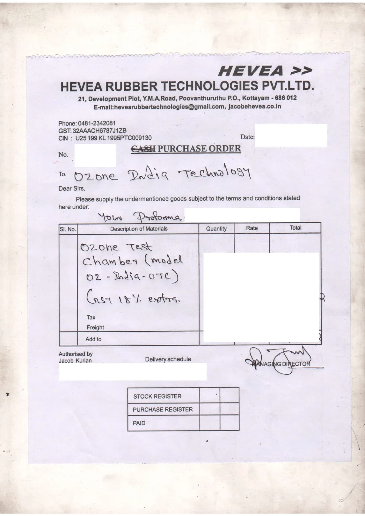 Purchase order from Hevea