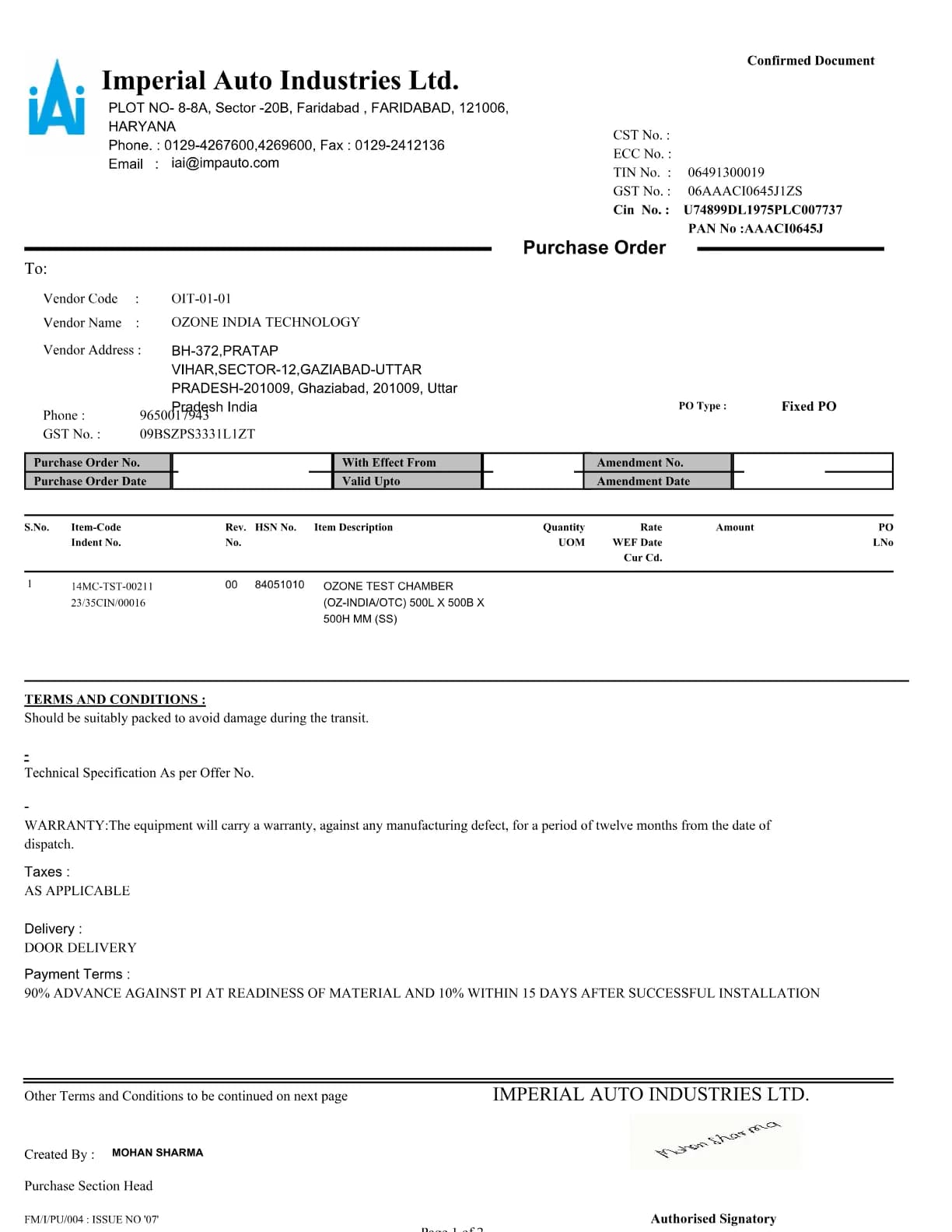 Purchase order from Imperial Auto Industries Ltd
