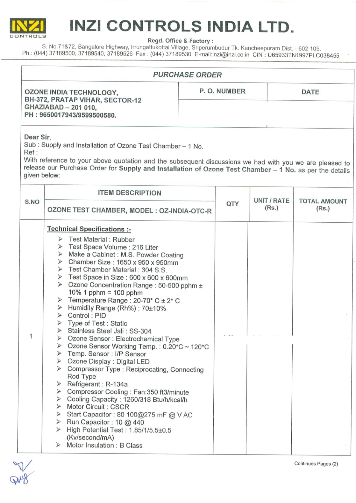 Purchase order from Inzi Control India