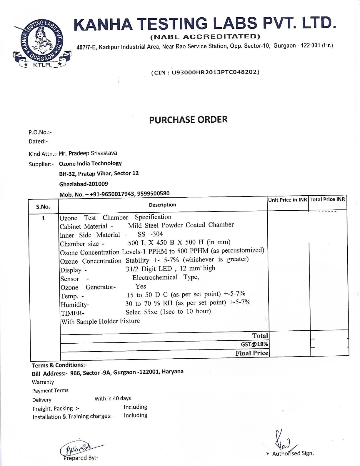 Purchase order from Kanha Testing Labs