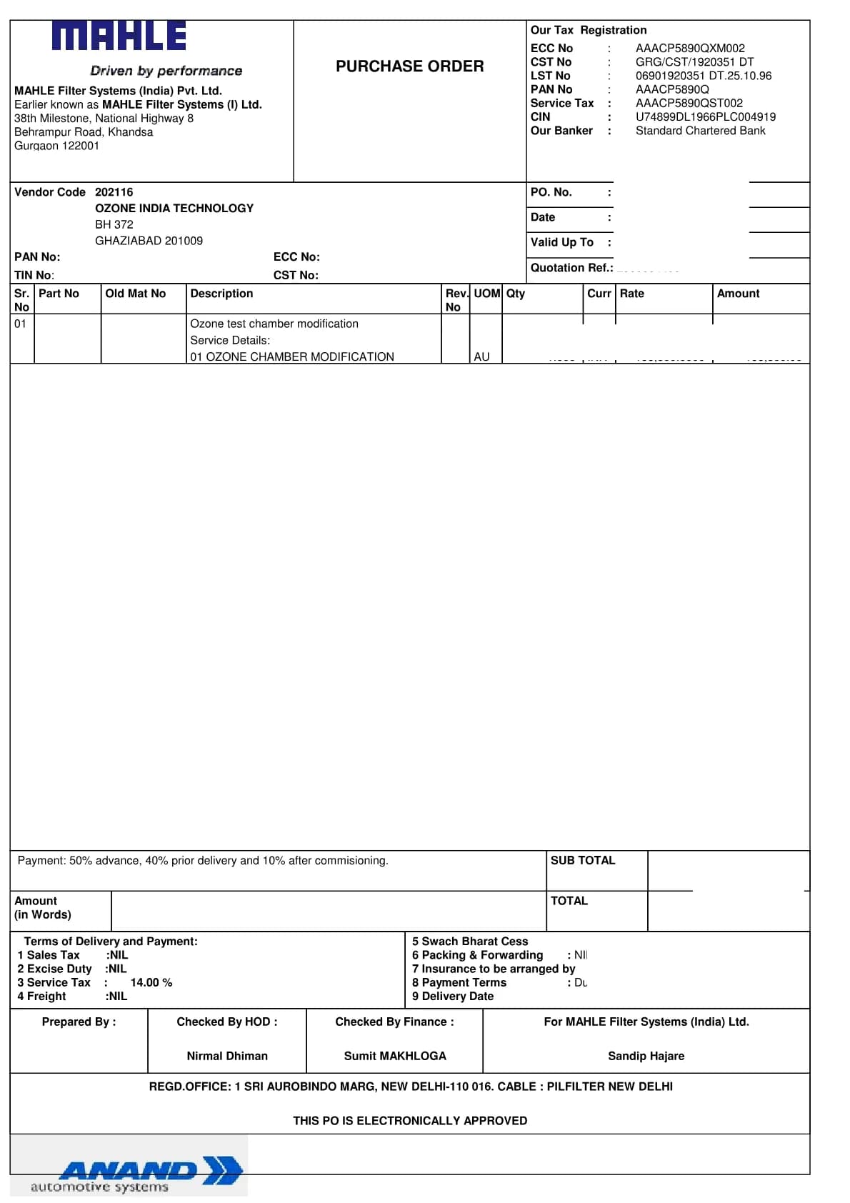 Purchase order from Mahle
