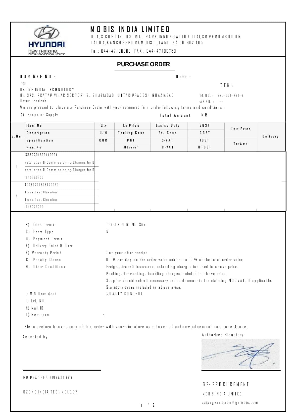 Purchase order from Mobis Hyundai