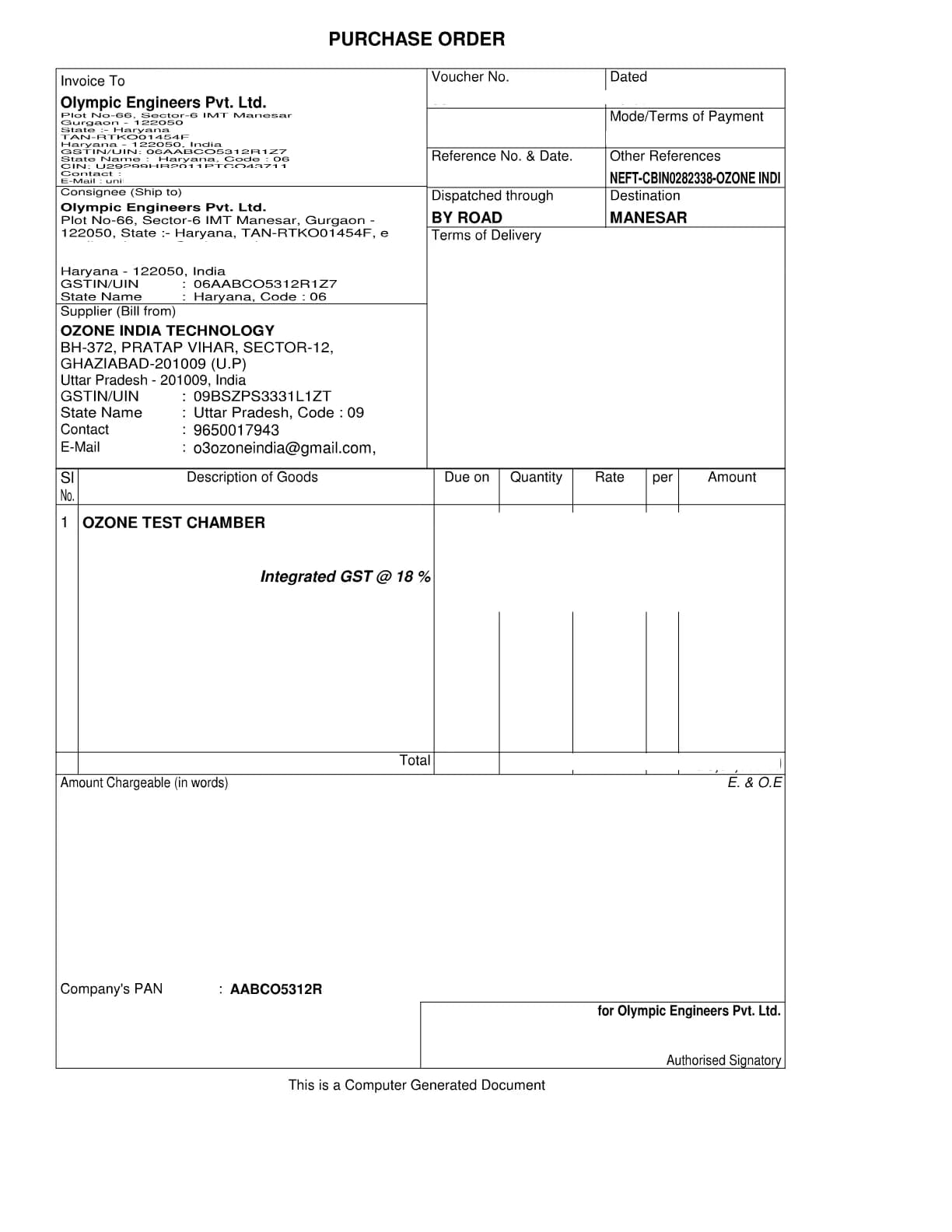 Purchase order from Olympic Engineers