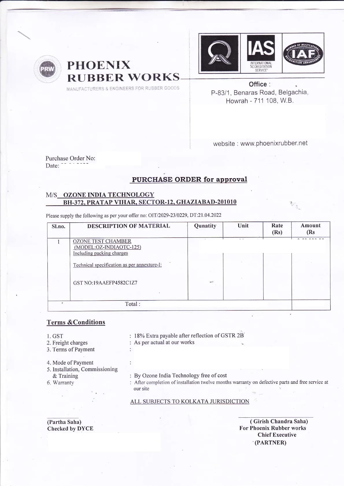 Purchase order from Phoenix Rubber