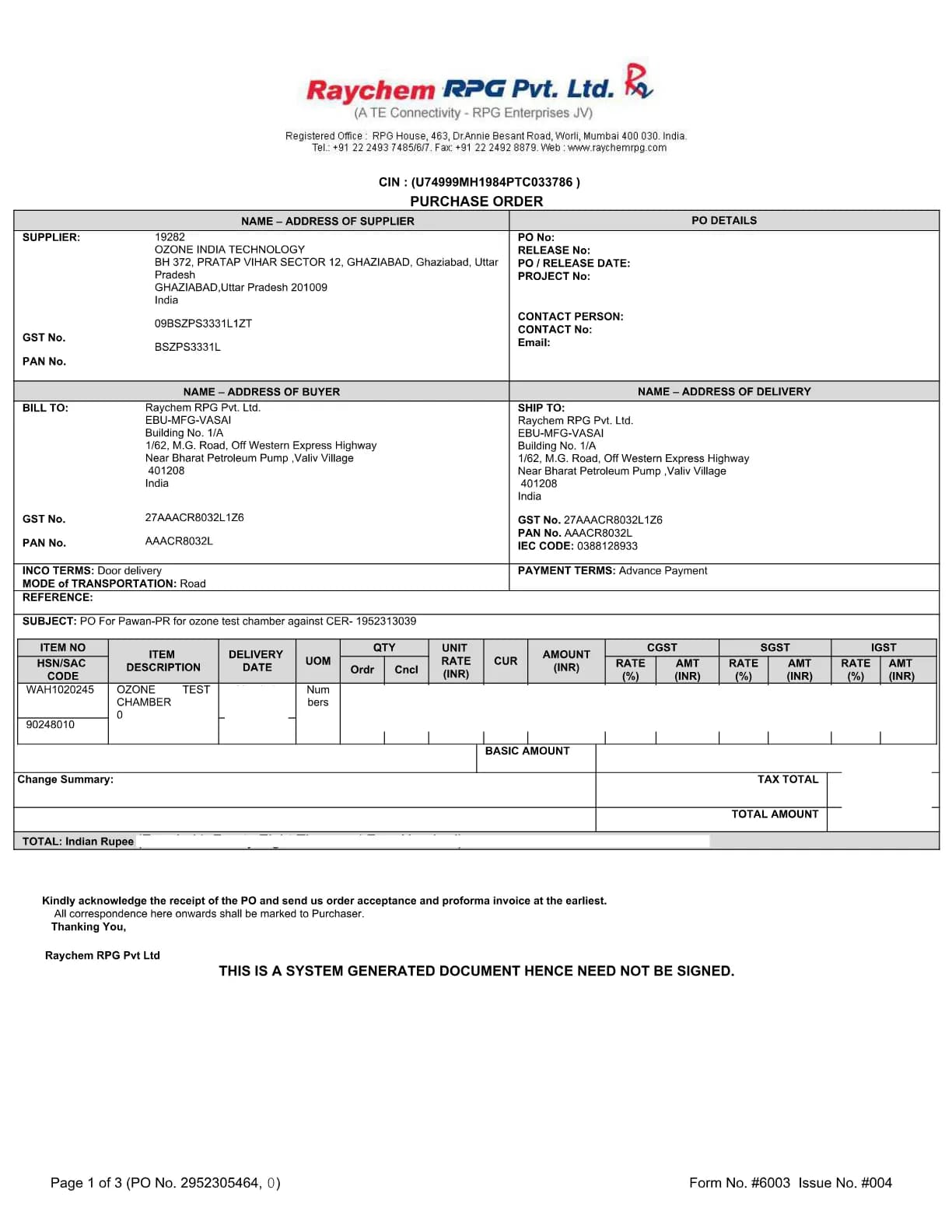 Purchase order from Raychem Rpg