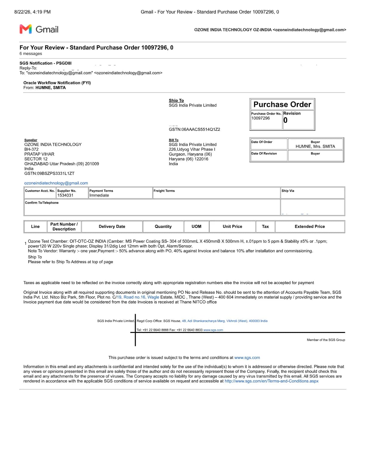 Purchase order from Sgs India