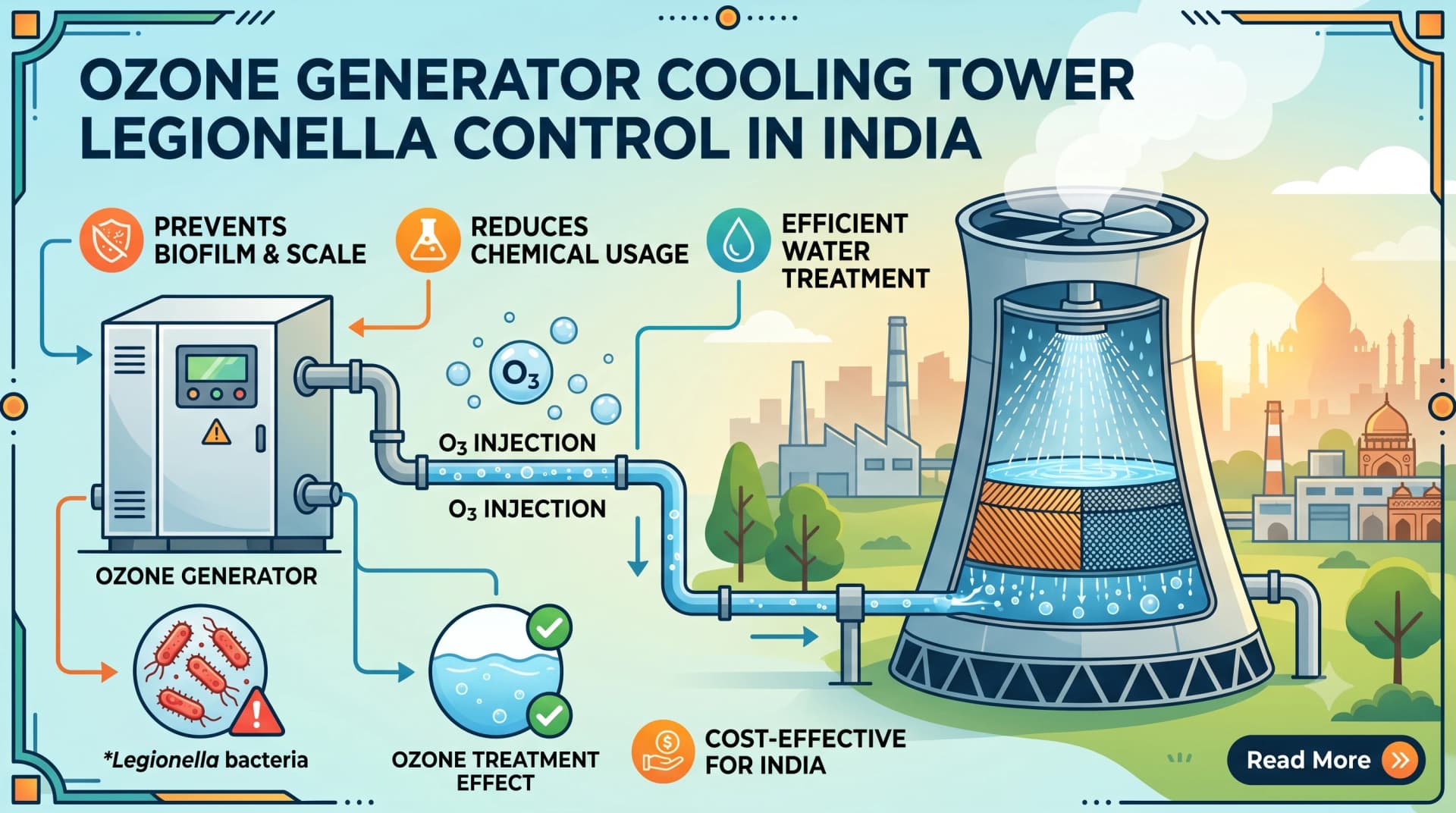 Ozone Generator for Cooling Tower Legionella Control India — Proven 75% Chemical Savings | CE Certified — Ozone India Technology
