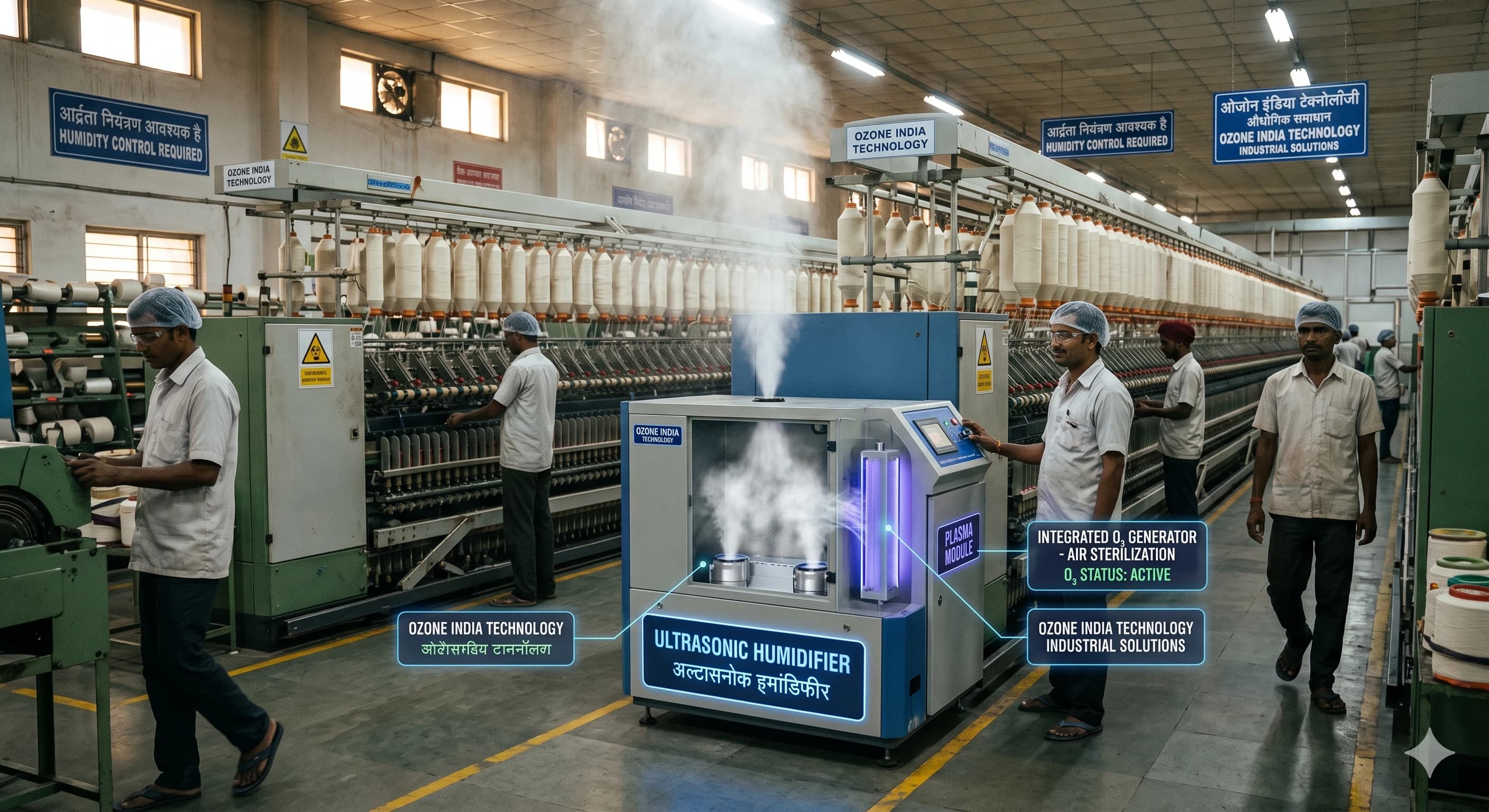 Ultrasonic Humidifier for Textile Manufacturing India — Proven Anti-Static | 80-90% RH Control | CE Certified — Ozone India Technology