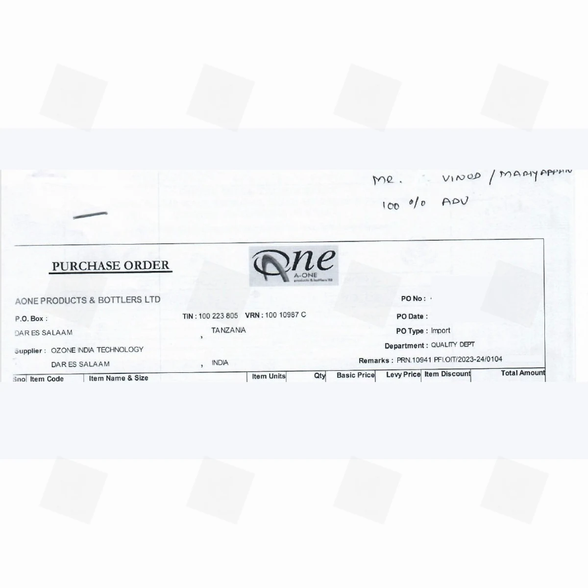 Export purchase order for Tanzania